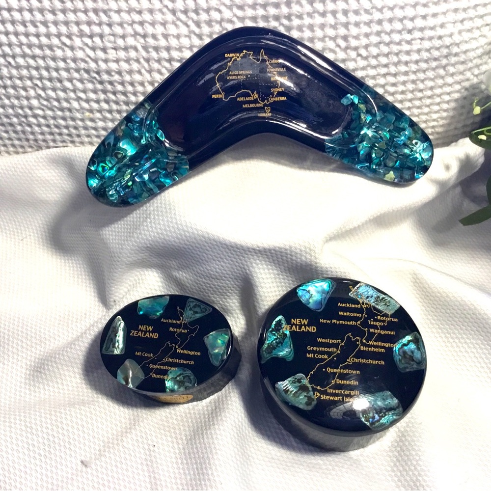 Vintage 3 Piece Set w/ Paua Shell Inlay~Australia & New Zealand Trinket Dishes